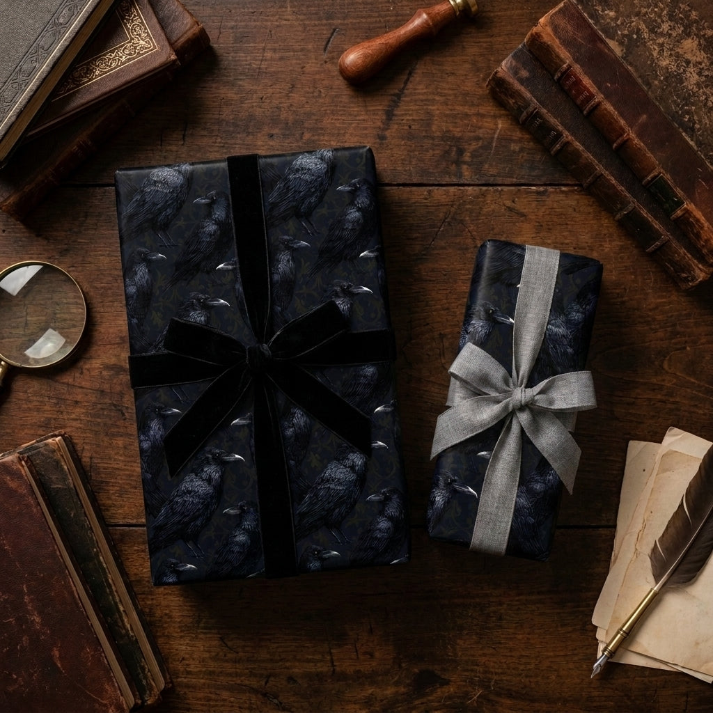 Moody gothic raven wrapping paper by Wrapped Studios on gifts with velvet bows on a vintage desk.
