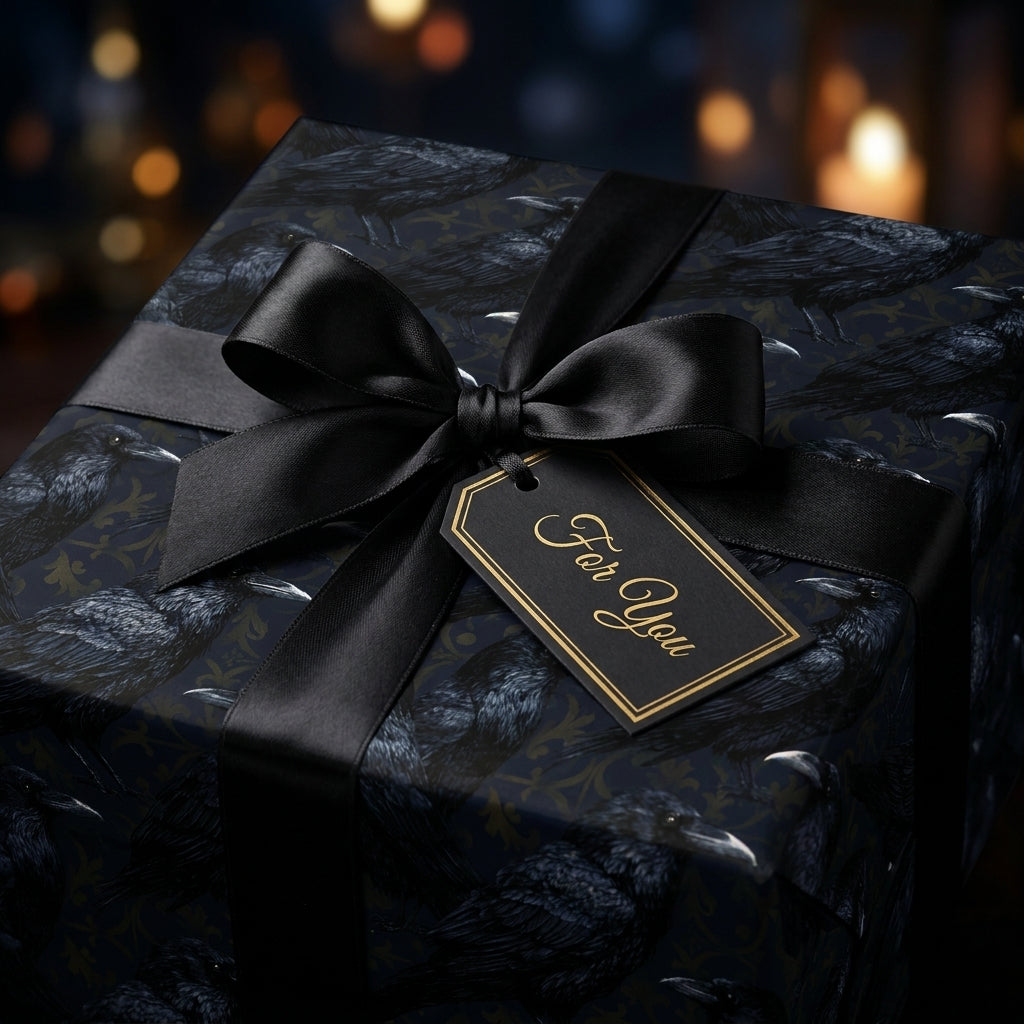 Gothic raven wrapping paper with a luxury black satin bow and gift tag by Wrapped Studios.