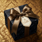 Luxury gothic crow wrapping paper with a bronze satin bow on a gift box by Wrapped Studios.