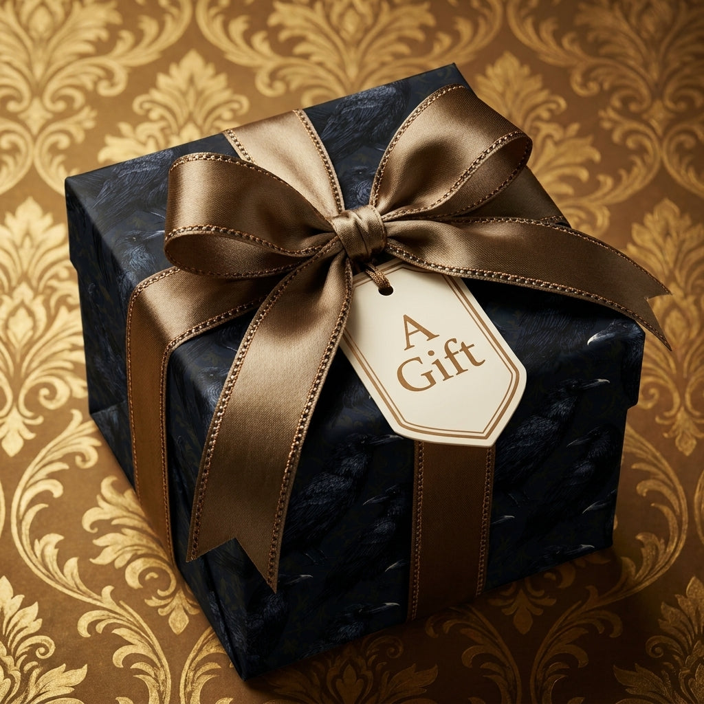 Luxury gothic crow wrapping paper with a bronze satin bow on a gift box by Wrapped Studios.