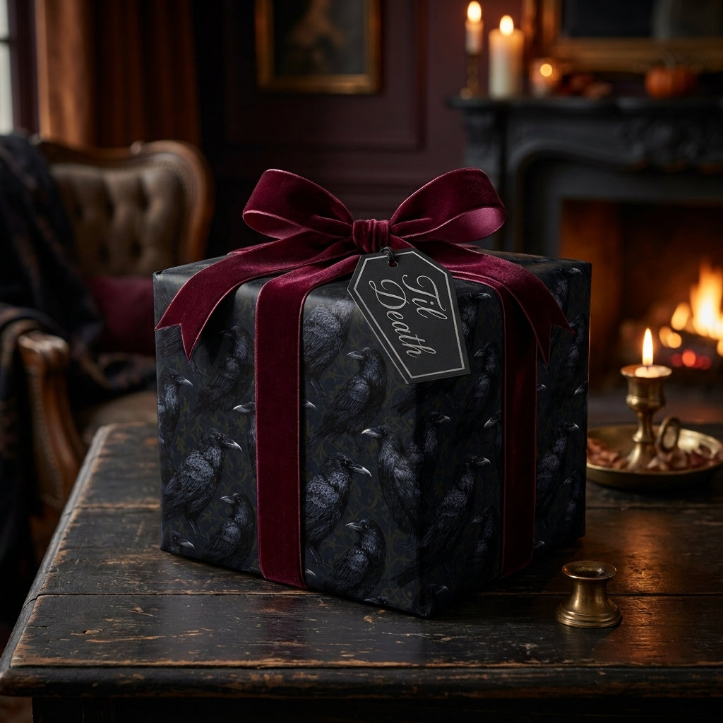 Gothic raven wrapping paper with burgundy velvet ribbon and Til Death tag by Wrapped Studios.