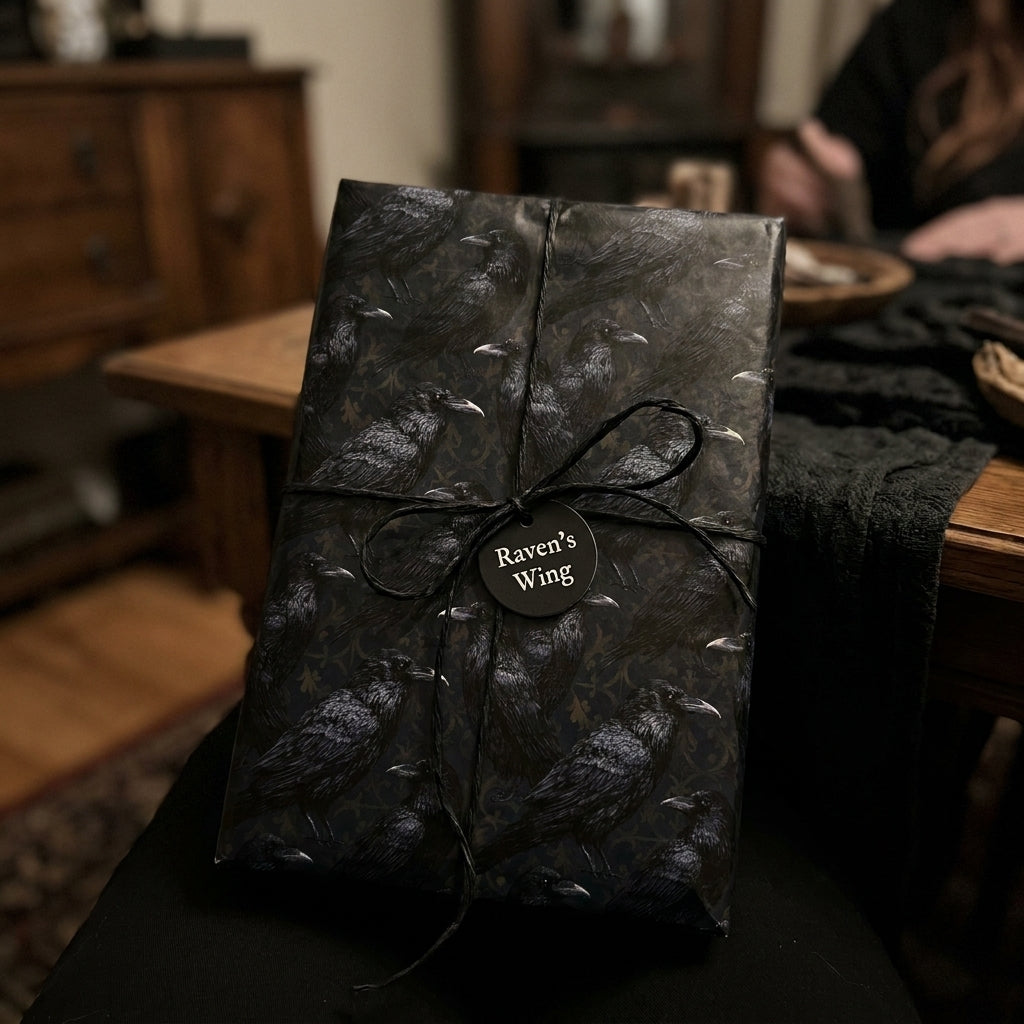 Gothic raven wrapping paper with a black twine bow, dark aesthetic gift wrap by Wrapped Studios.