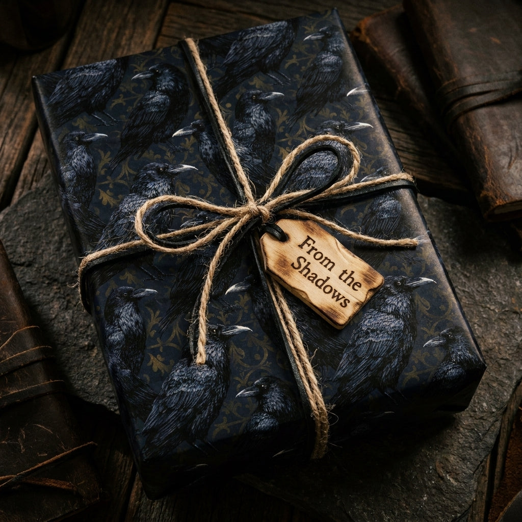 Gothic raven wrapping paper by Wrapped Studios on a gift box tied with rustic twine.