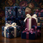 Luxury floral and raven wrapping paper by Wrapped Studios, featuring dark moody colors and elegant silk ribbon bows.