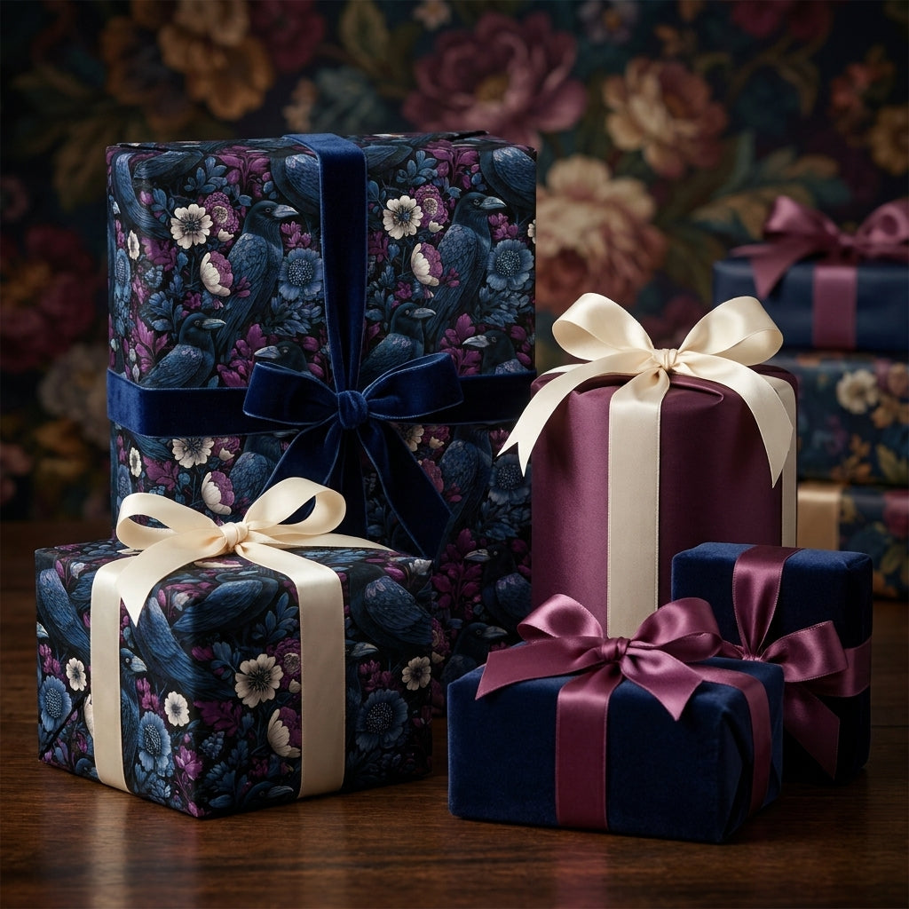 Luxury floral and raven wrapping paper by Wrapped Studios, featuring dark moody colors and elegant silk ribbon bows.