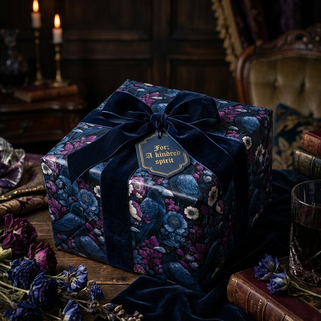 Luxury gift wrapped in moody floral and raven print paper with a velvet bow by Wrapped Studios.
