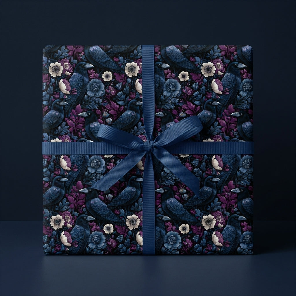 Luxury gift box wrapped in dark floral raven pattern paper with a navy blue satin ribbon from Wrapped Studios.