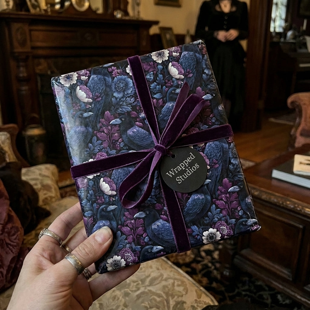 Hand holding a gift wrapped in gothic floral and raven paper with a luxury velvet purple ribbon by Wrapped Studios.