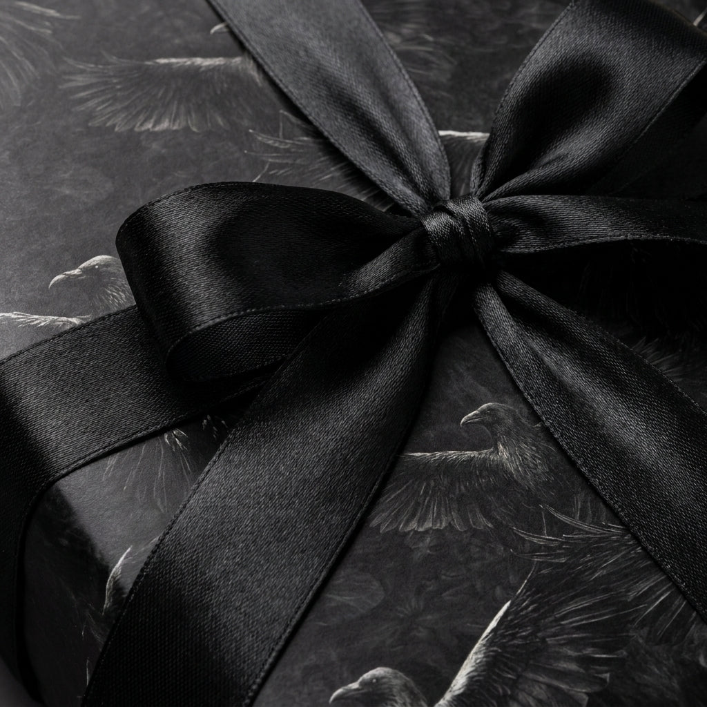 Gothic black raven wrapping paper with a satin bow, moody luxury gift wrap by Wrapped Studios.