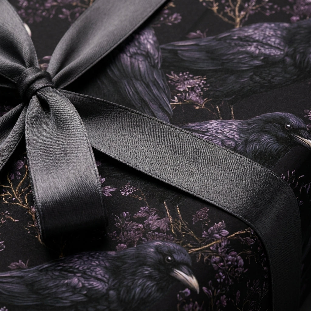 Gothic raven wrapping paper with grey satin ribbon. Moody crow and dark floral gift wrap by Wrapped Studios.