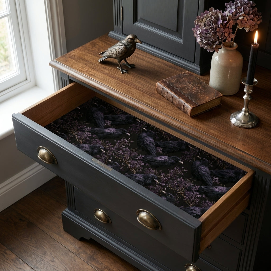 Gothic crow and purple floral wrapping paper used as drawer liner by Wrapped Studios.
