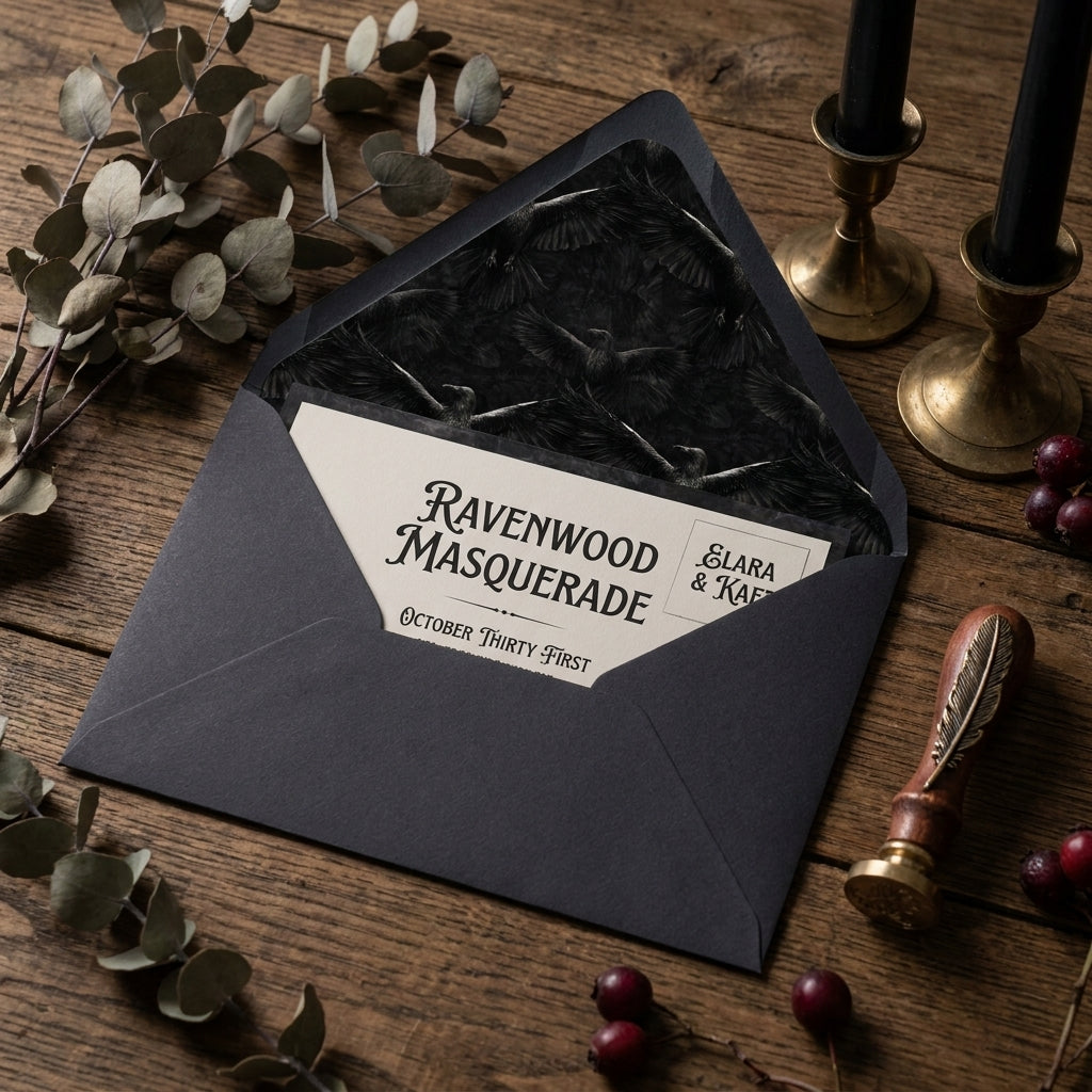 Gothic masquerade invitation in black envelope with raven liner by Wrapped Studios.