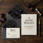 Gothic wedding invitation suite with black raven envelope liners by Wrapped Studios.