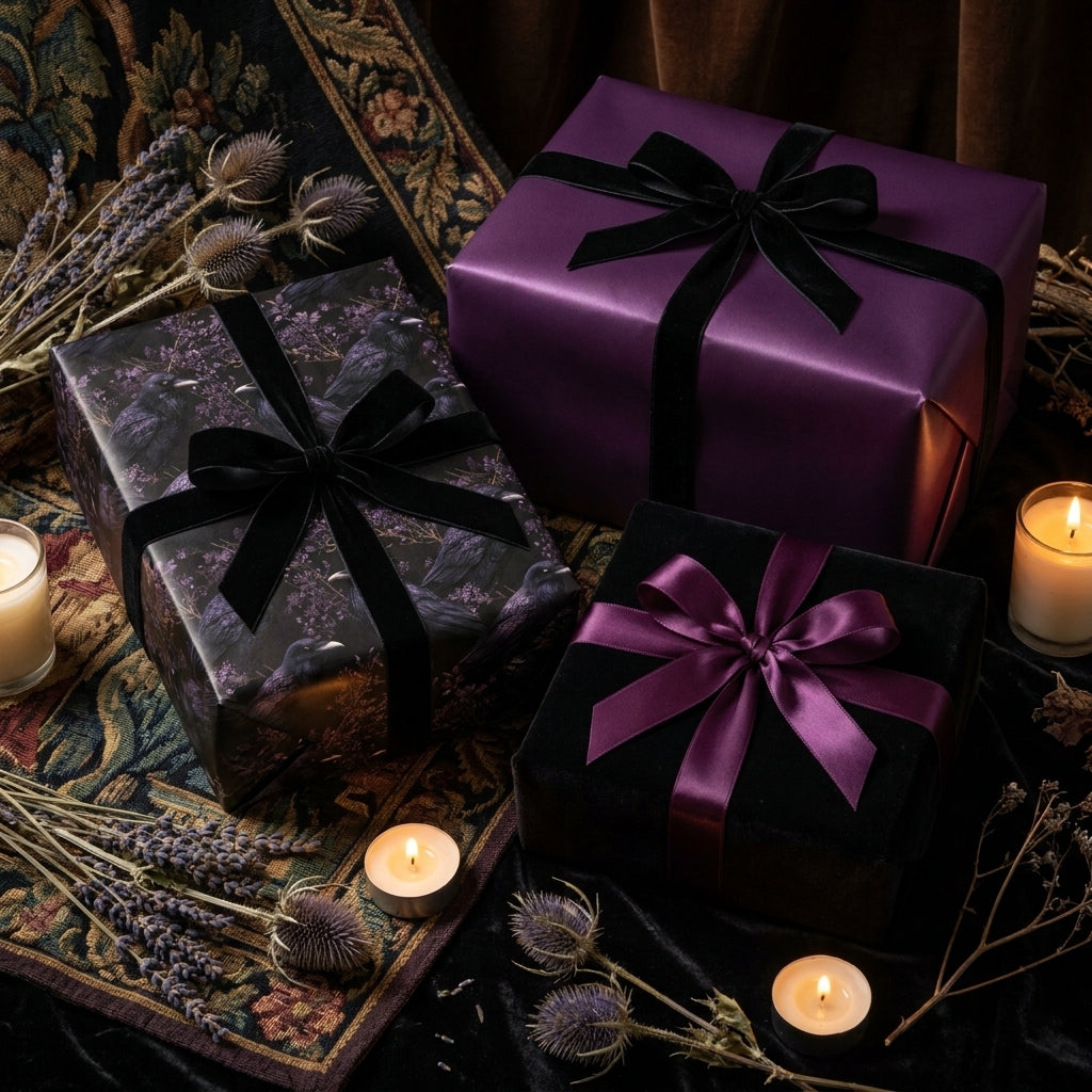 Gothic raven wrapping paper and purple luxury gift wrap with velvet ribbons by Wrapped Studios.