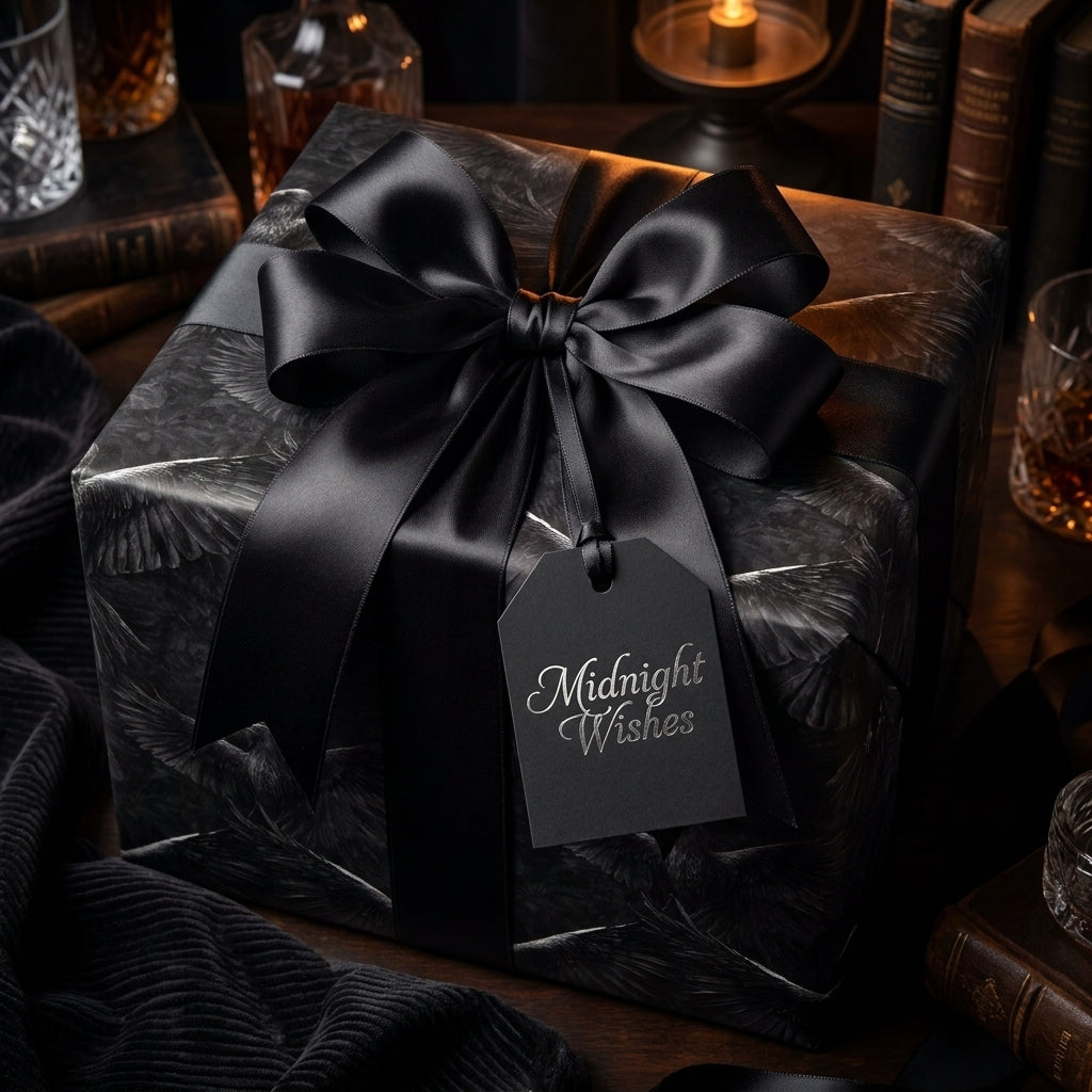 Dark elegant gothic wrapping paper with feather pattern and large black satin bow by Wrapped Studios.
