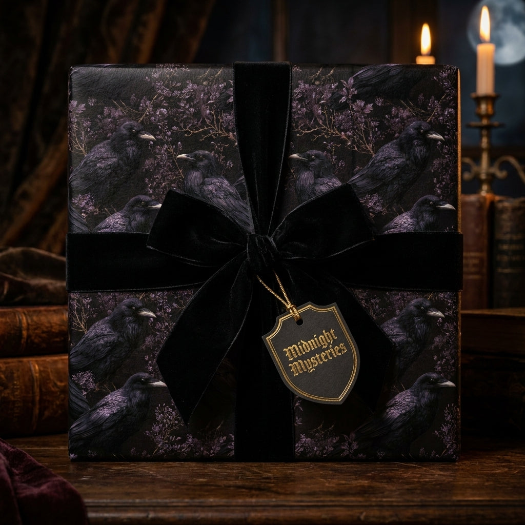 Dark gothic raven wrapping paper with a black velvet bow by Wrapped Studios.