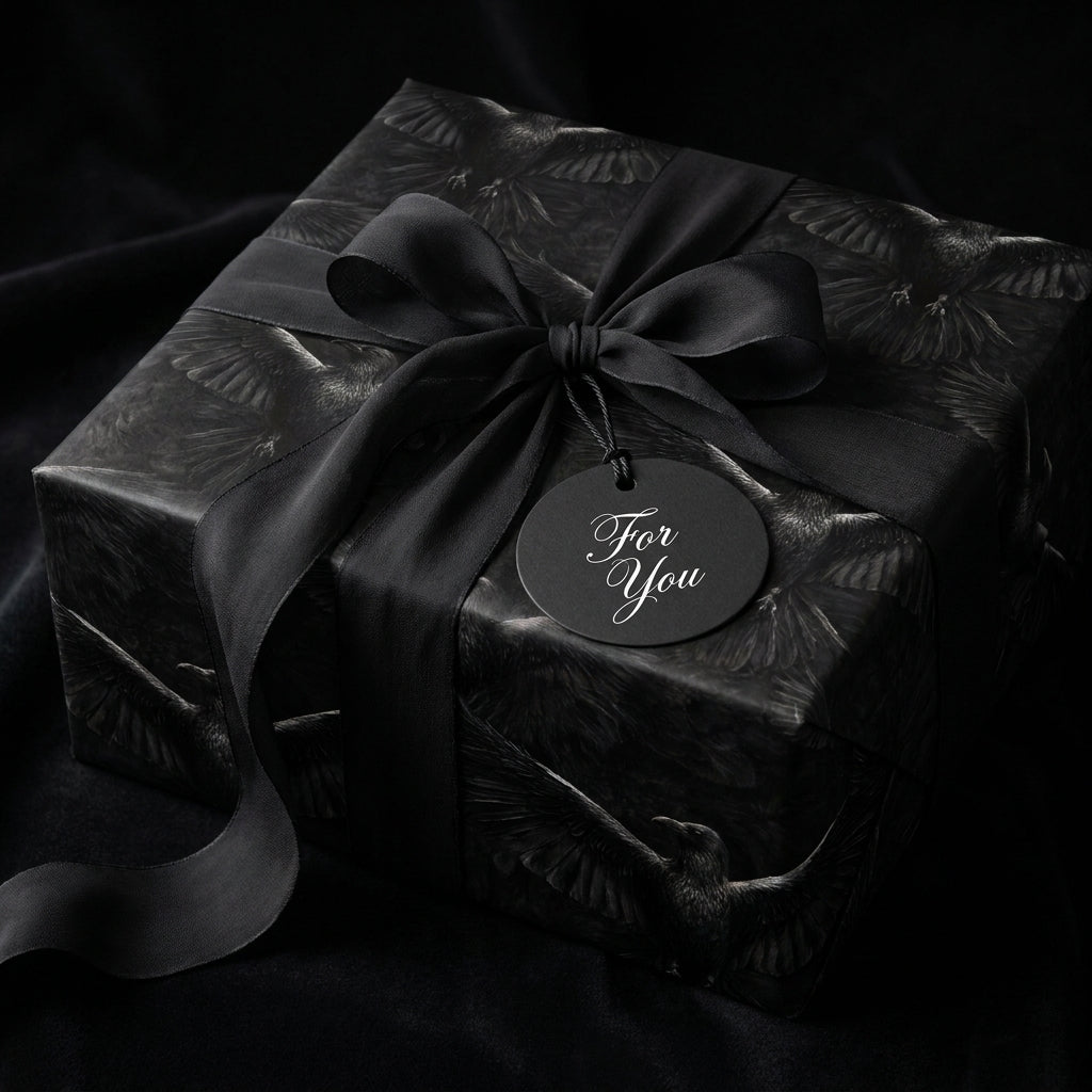 Luxury gothic raven wrapping paper with black satin bow and "For You" tag by Wrapped Studios.
