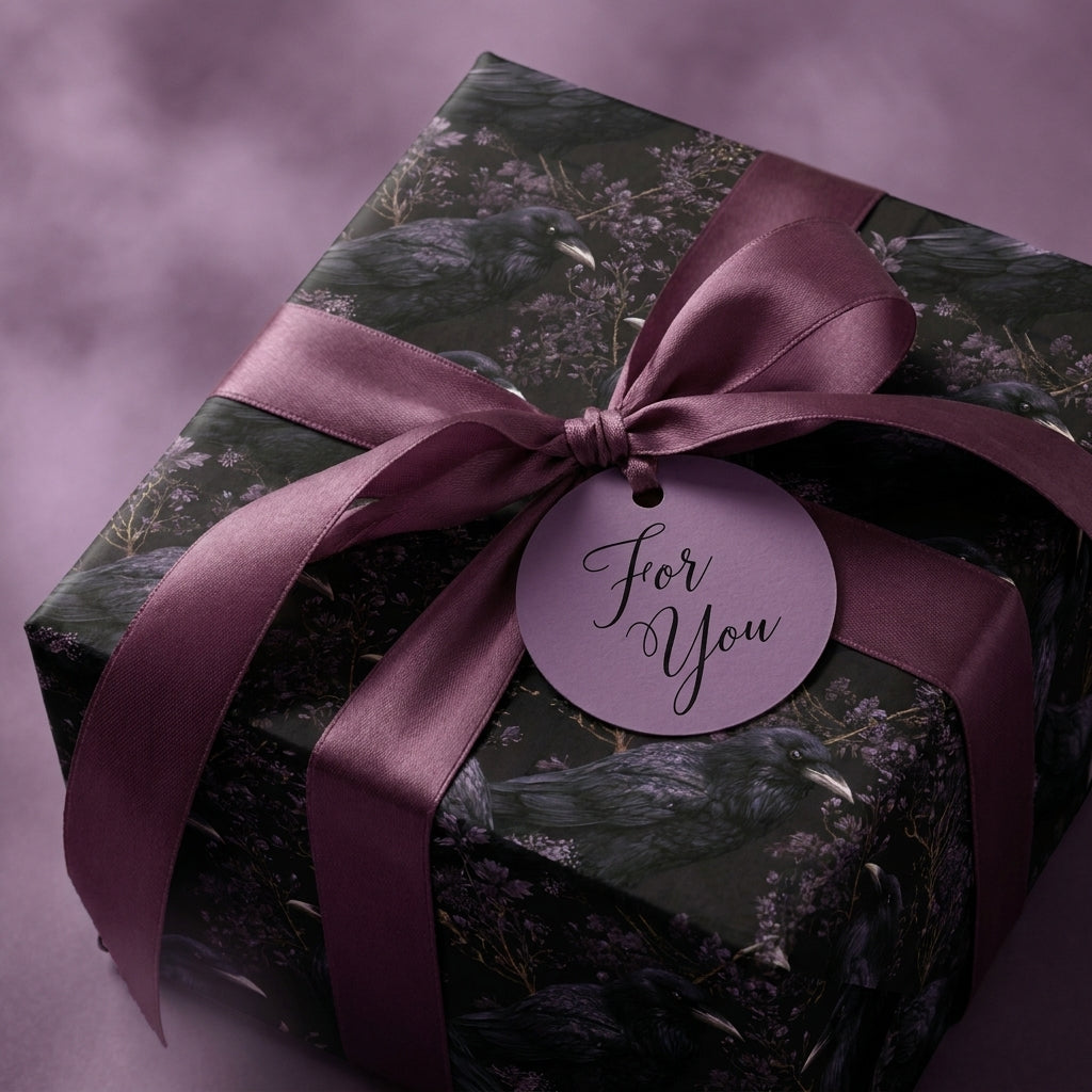 Gothic crow and dark floral wrapping paper with a purple satin bow by Wrapped Studios.