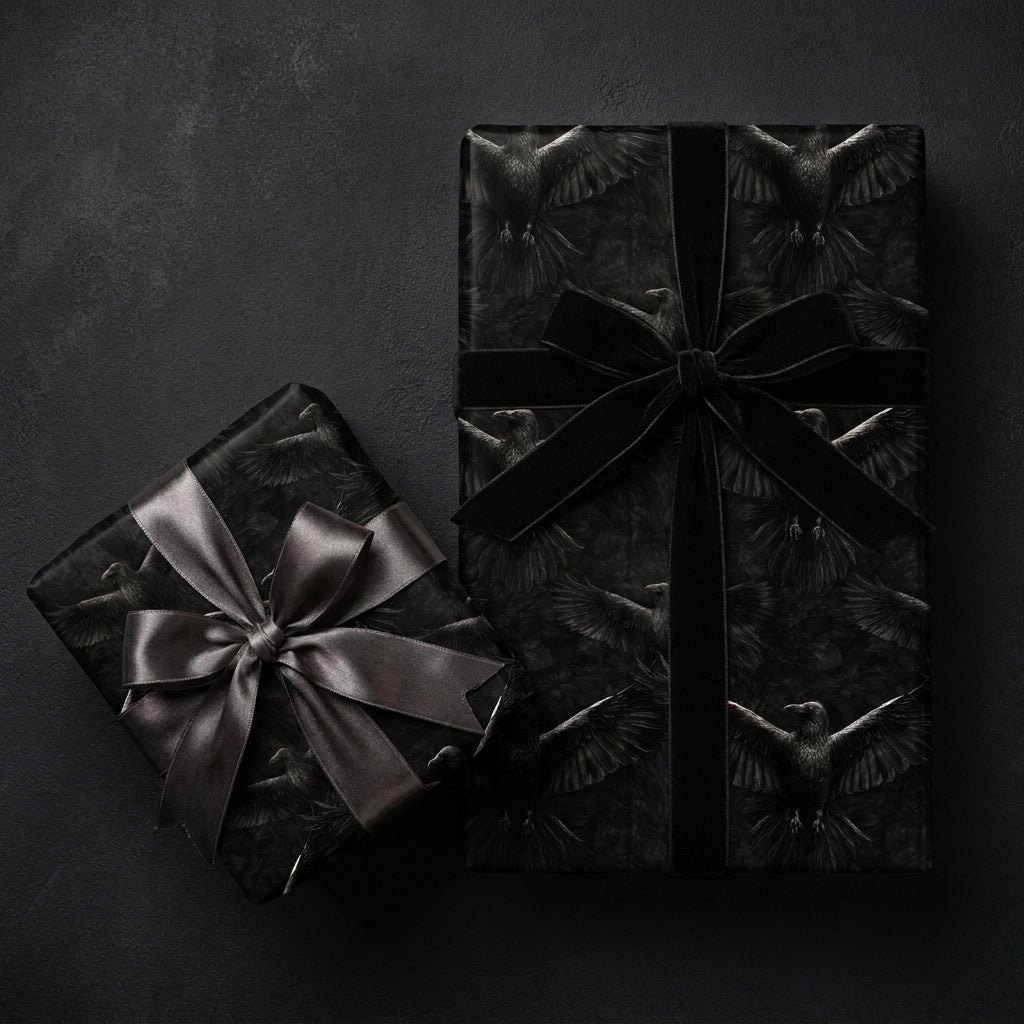 Dark raven gothic wrapping paper on gifts with elegant black velvet and satin bows by Wrapped Studios.