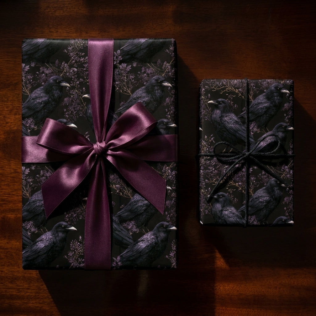 Gothic raven wrapping paper with a purple satin bow, dark moody Halloween gift wrap by Wrapped Studios.