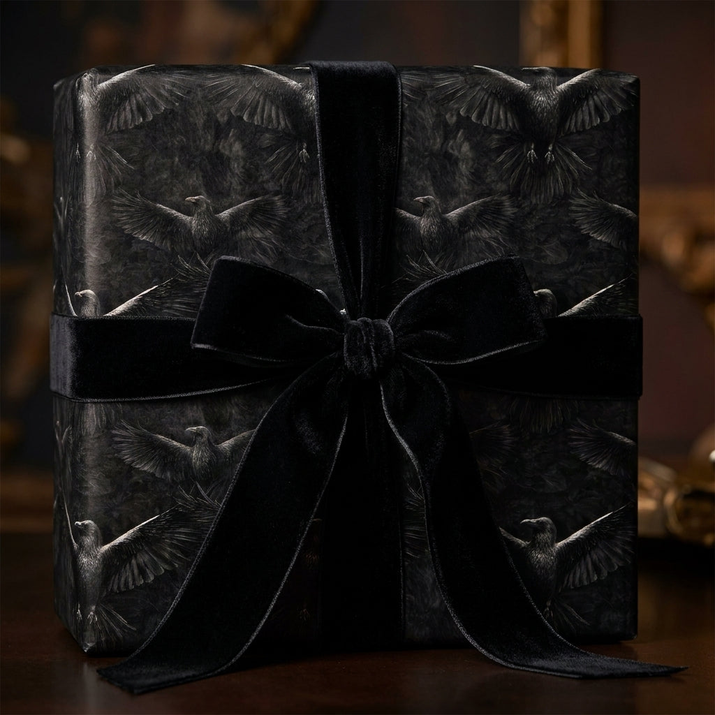 Gothic raven wrapping paper with a plush black velvet ribbon bow by Wrapped Studios.