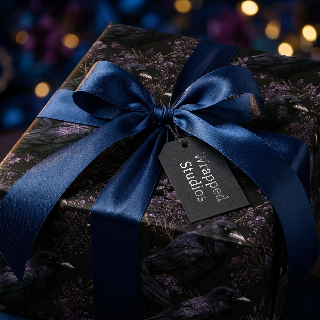Luxury gothic raven wrapping paper with a dark navy satin bow and gift tag by Wrapped Studios.