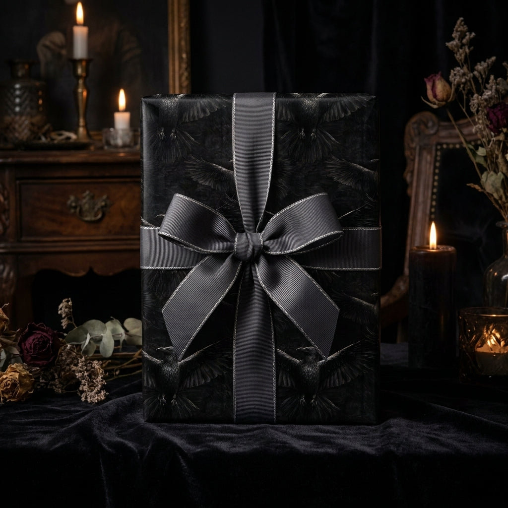 Gothic black raven wrapping paper with a grey bow. Spooky Halloween luxury gift wrap by Wrapped Studios.