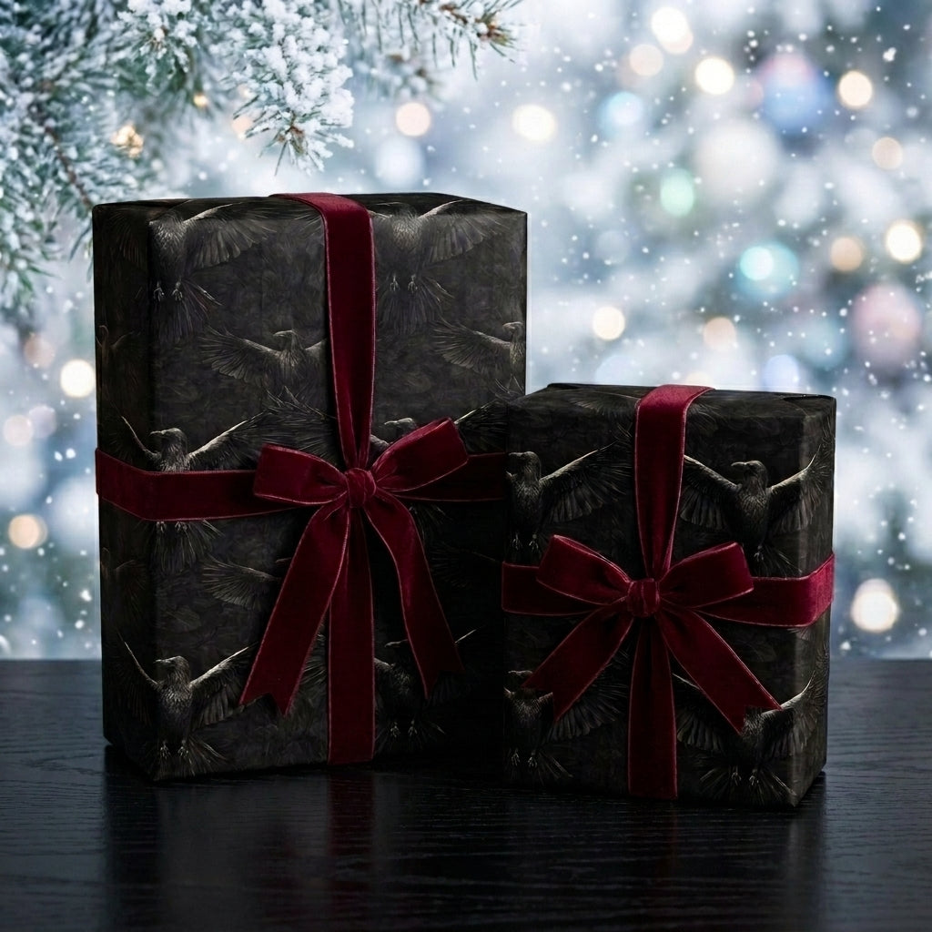 Gothic raven luxury gift wrap with red velvet bows on holiday gifts by Wrapped Studios.