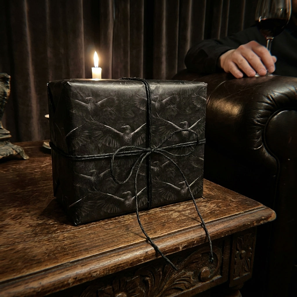 Gothic raven wrapping paper by Wrapped Studios on a luxury gift box tied with black twine.
