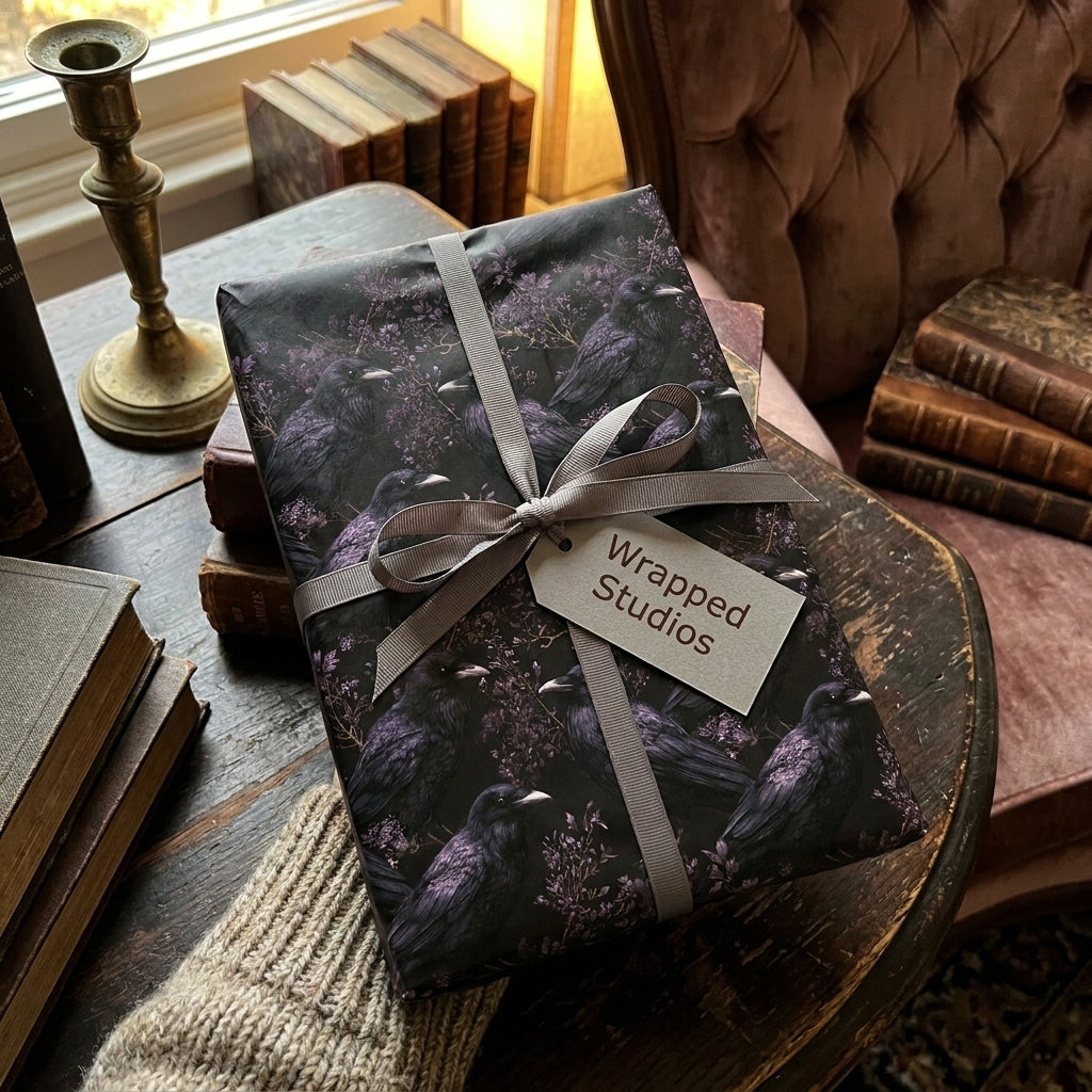 Gothic raven wrapping paper with a grey ribbon in a dark academia setting by Wrapped Studios.