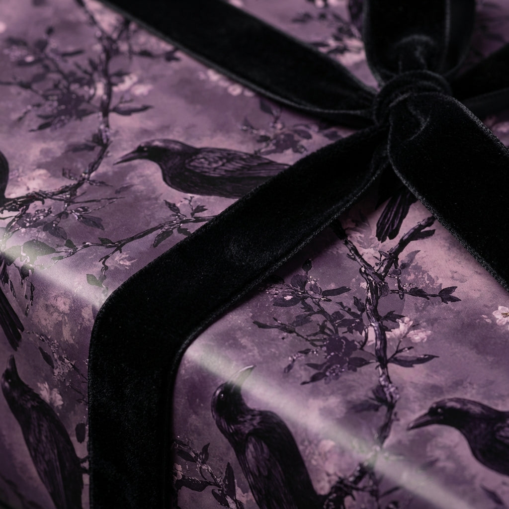 Elegant gift wrapped in purple wrapping paper with a crow and floral design, finished with a luxurious black velvet bow.