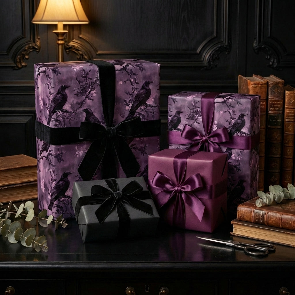 Elegant gift wrap featuring raven and floral patterns in shades of purple, with velvet and satin ribbons, for a luxurious present.