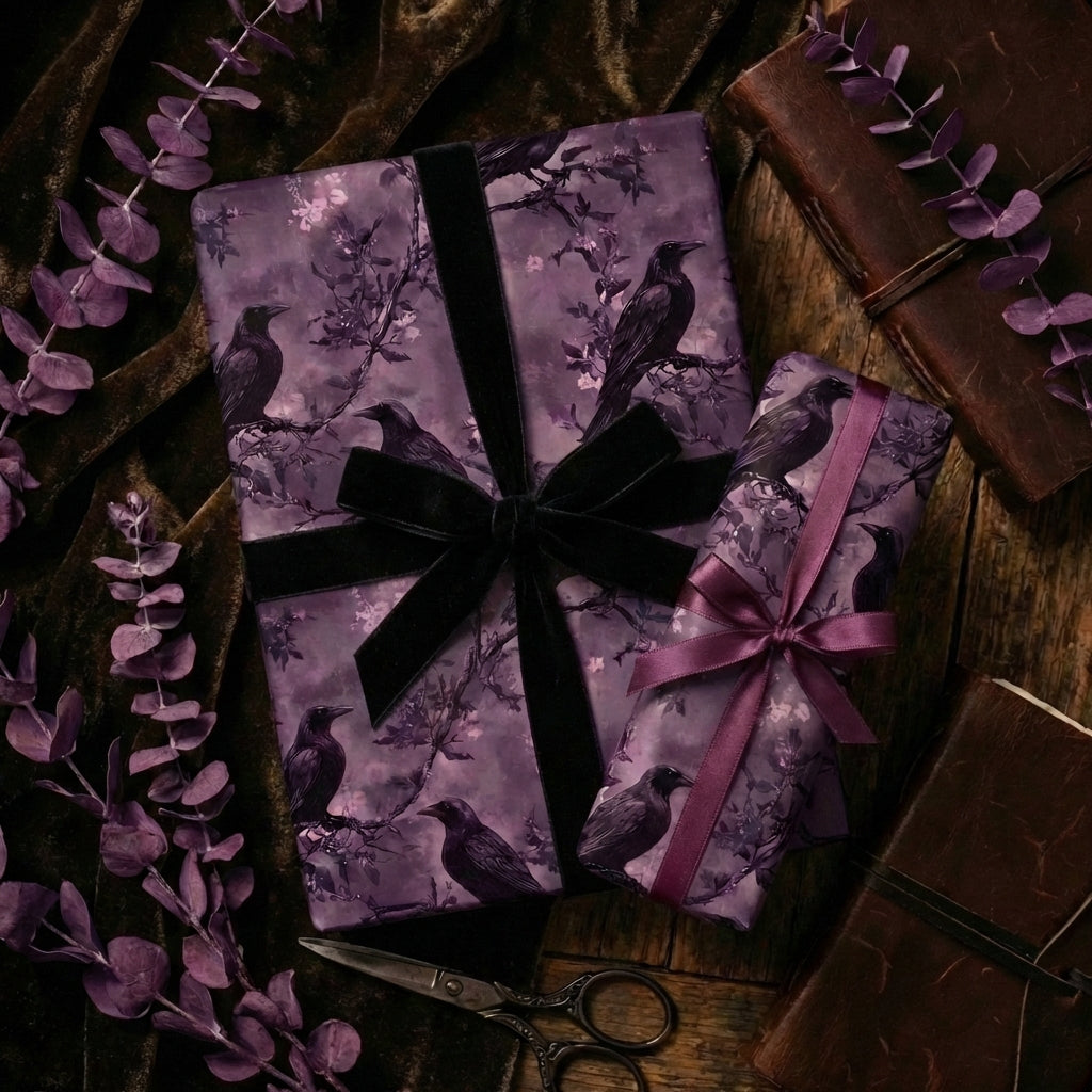 Elegant gothic gift wrap with a raven and floral pattern, tied with a black velvet ribbon.