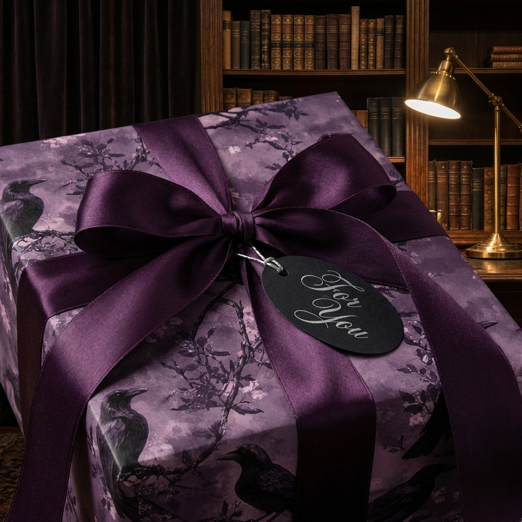 Elegant gift box in raven-themed wrapping paper with purple ribbon and "For You" tag in a cozy, vintage setting.
