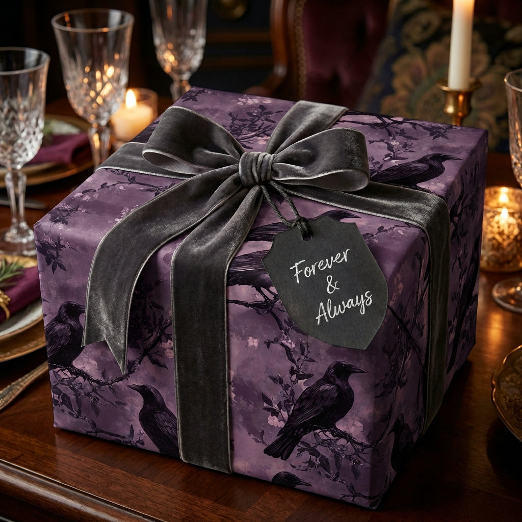 Elegant gift with purple wrapping paper featuring a raven and floral design, tied with a gray velvet ribbon and "Forever & Always" tag.