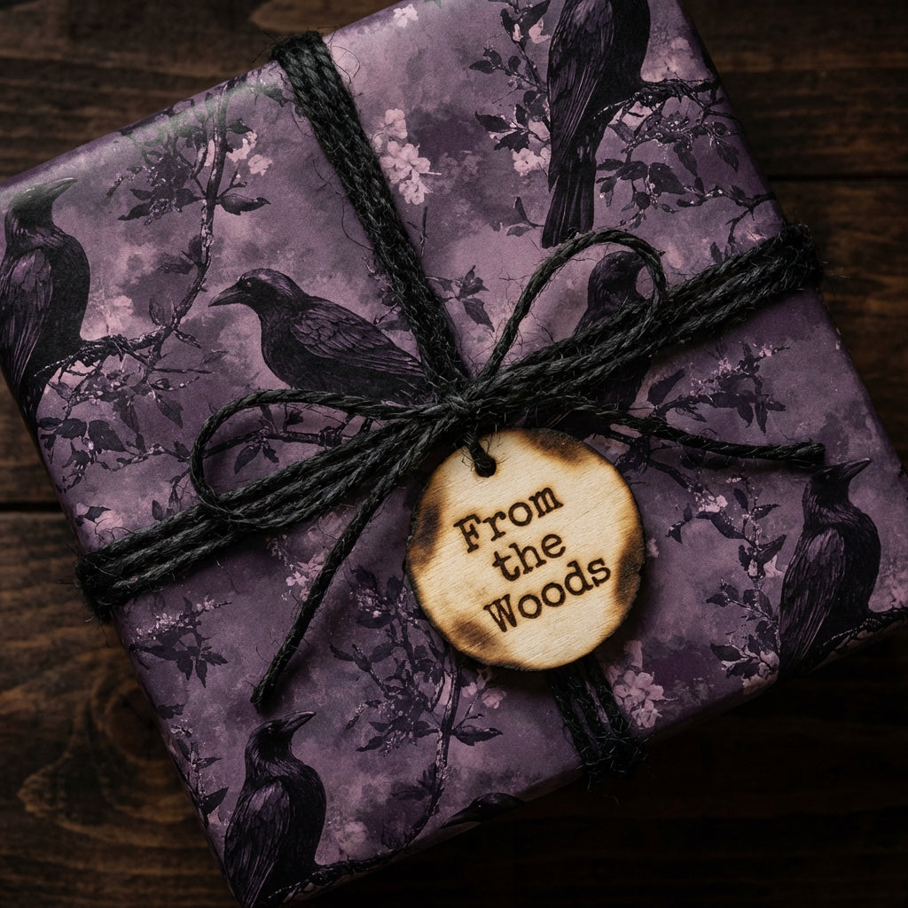 Raven-themed gift wrap: Elegant purple wrapping paper with birds, flowers, and "From the Woods" tag.