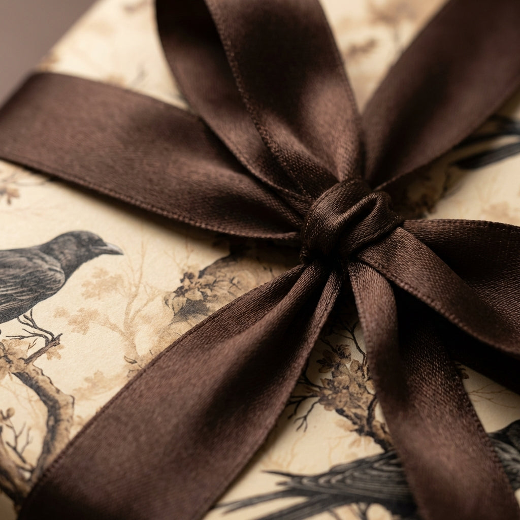 Elegant gift wrapped in vintage bird print wrapping paper with chocolate brown satin ribbon.