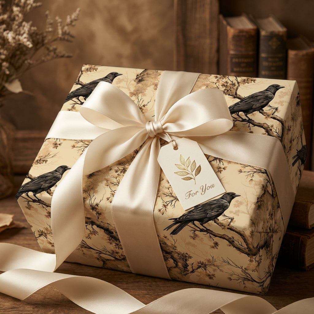 Elegant gift wrapped in vintage bird & floral wrapping paper with ivory satin ribbon and "For You" tag.