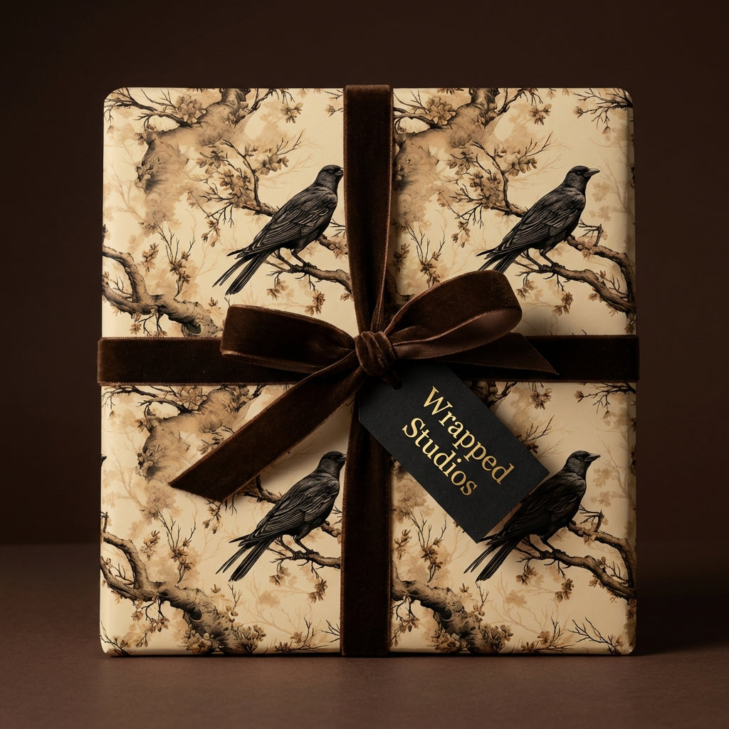 Elegant gift with bird and branch wrapping paper, tied with brown velvet ribbon, from Wrapped Studios.