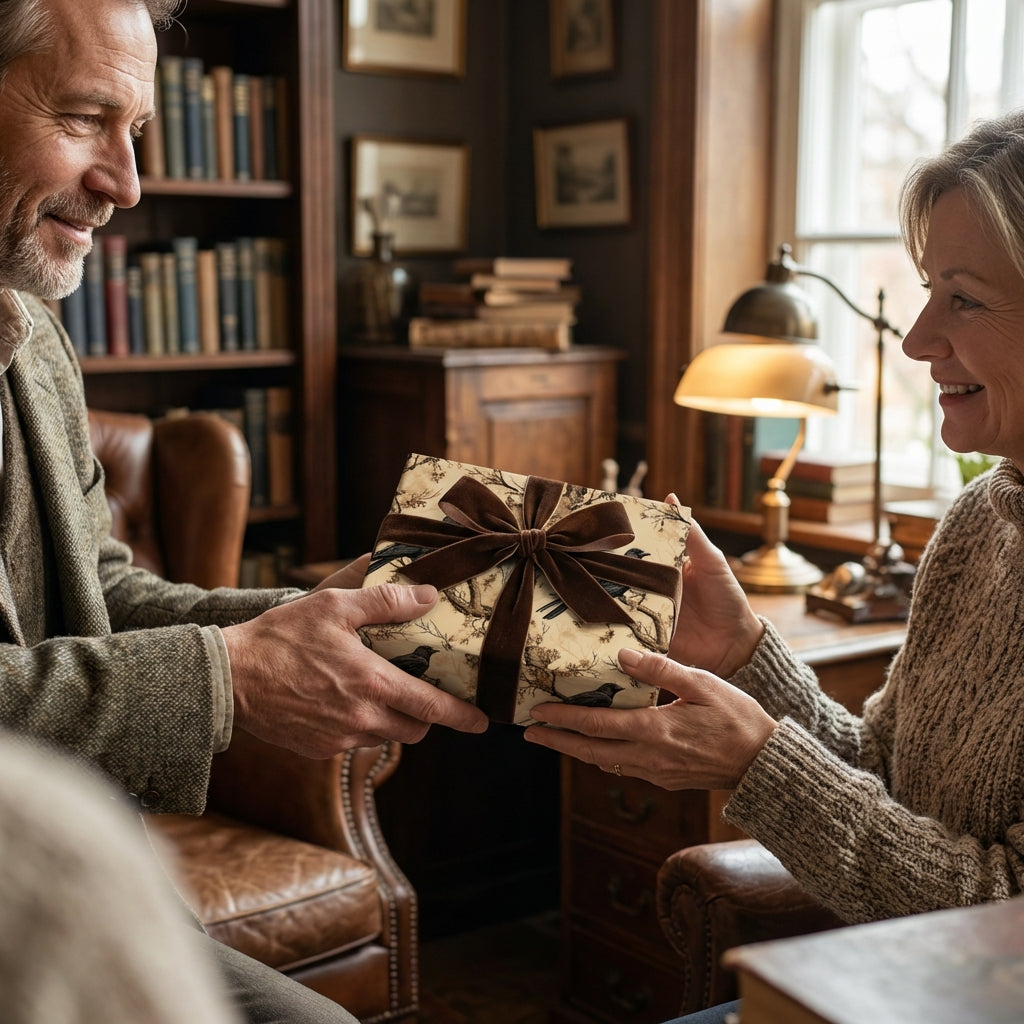 Elegant gift exchange with luxury gift wrap, featuring a vintage bird and branch design with a brown velvet ribbon.