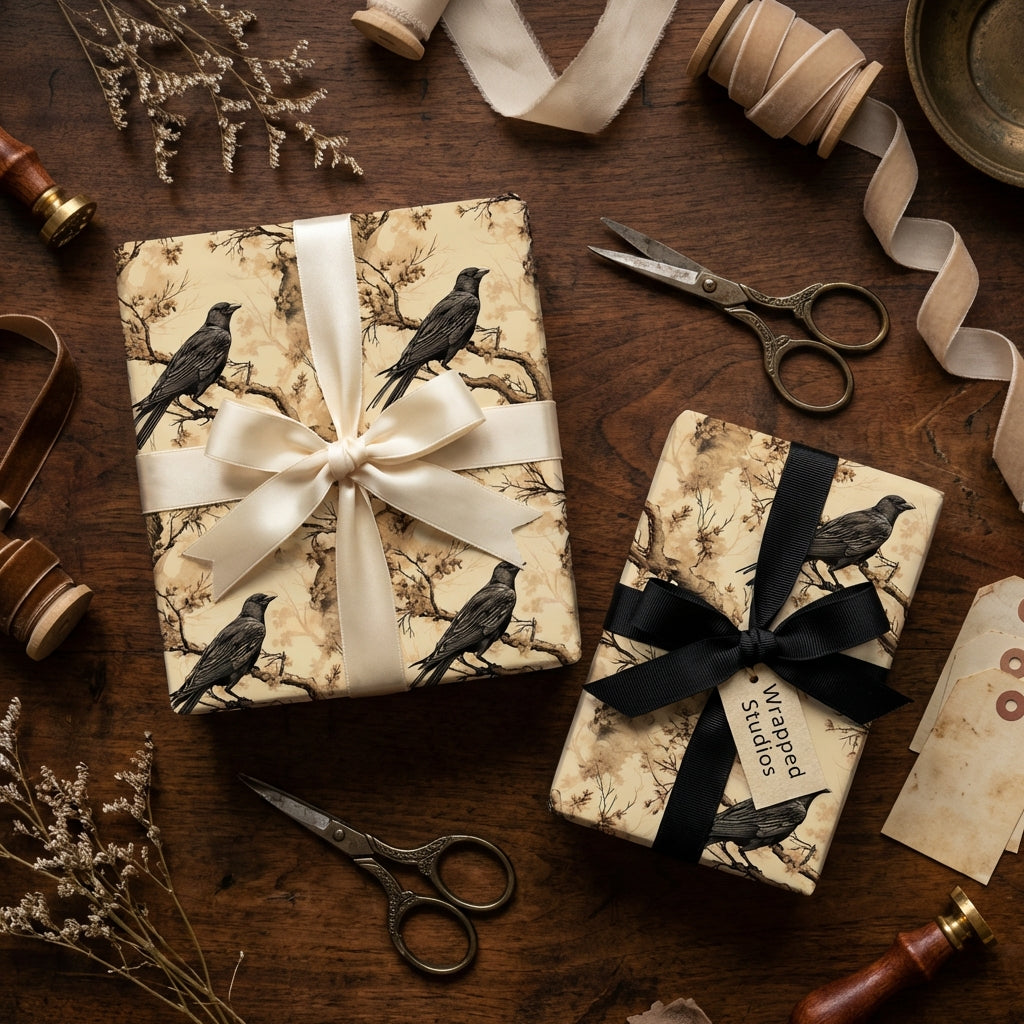 Elegant bird-themed wrapping paper with ribbon, perfect for luxury gift wrap. Wrapped Studios.