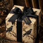 Wrapped Studios luxury gift wrap. Vintage bird & branch pattern with black ribbon and bow.