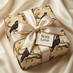 "With Love" gift wrapped in beige bird & branch paper with ivory satin bow by Wrapped Studios.
