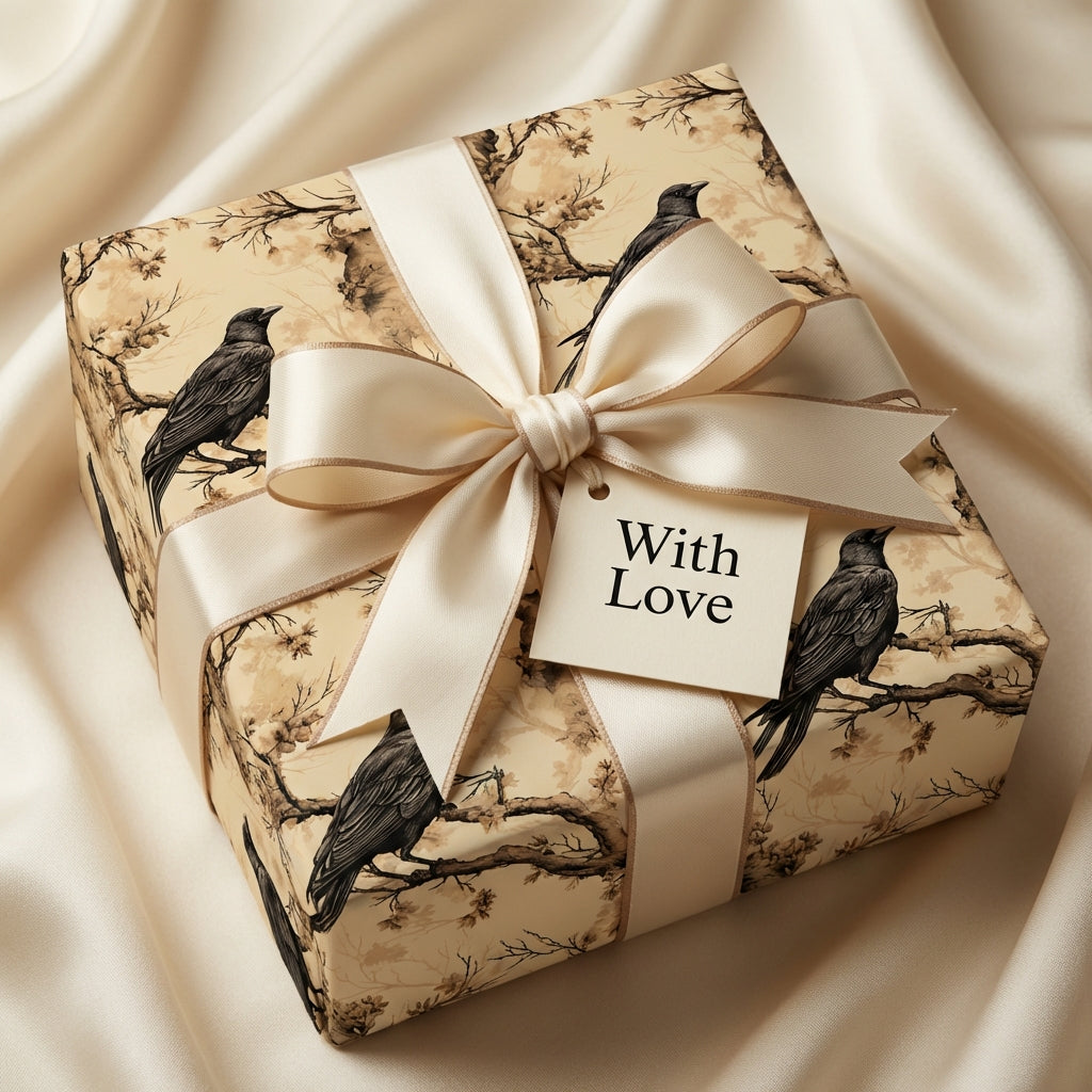 "With Love" gift wrapped in beige bird & branch paper with ivory satin bow by Wrapped Studios.