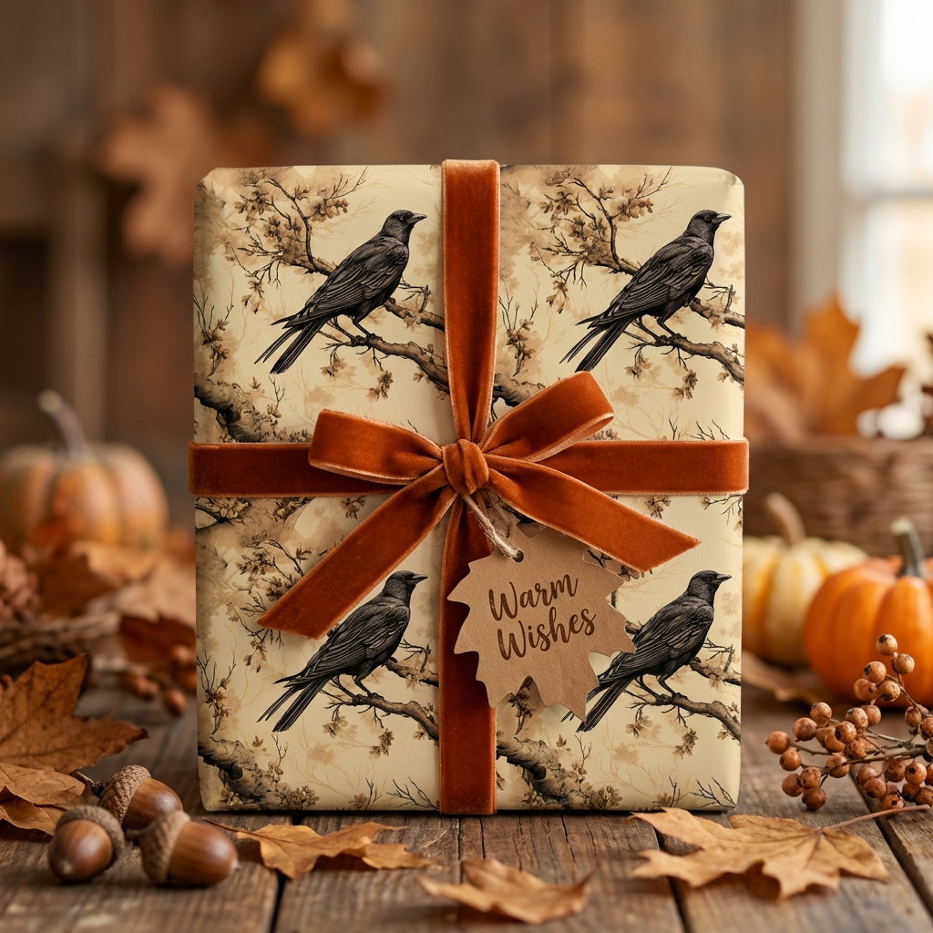 Square gift wrapped in raven print paper with burnt orange velvet ribbon; fall theme.