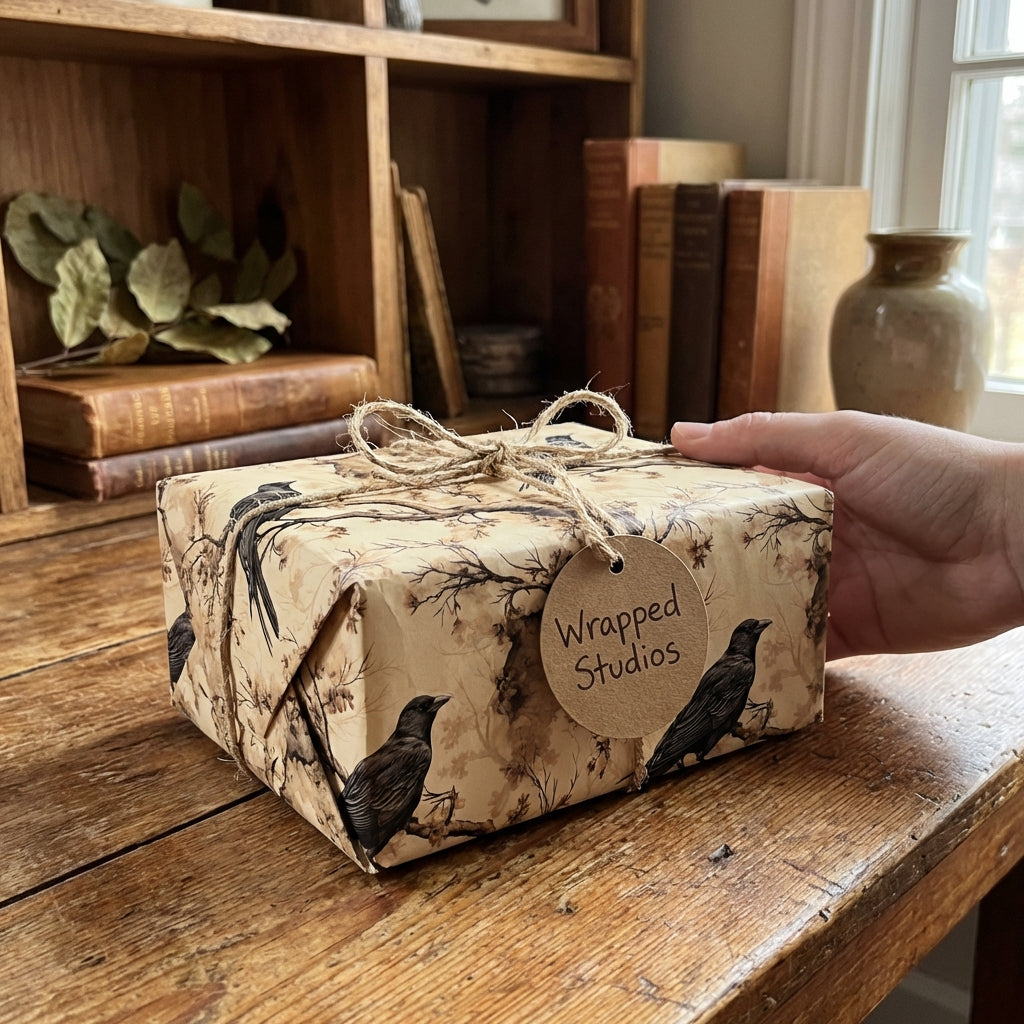 Wrapped Studios gift: Beige wrapping paper with a bird and branch design tied with twine.