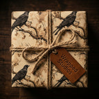 Wrapped Studios gift with vintage bird print wrapping paper and twine bow.