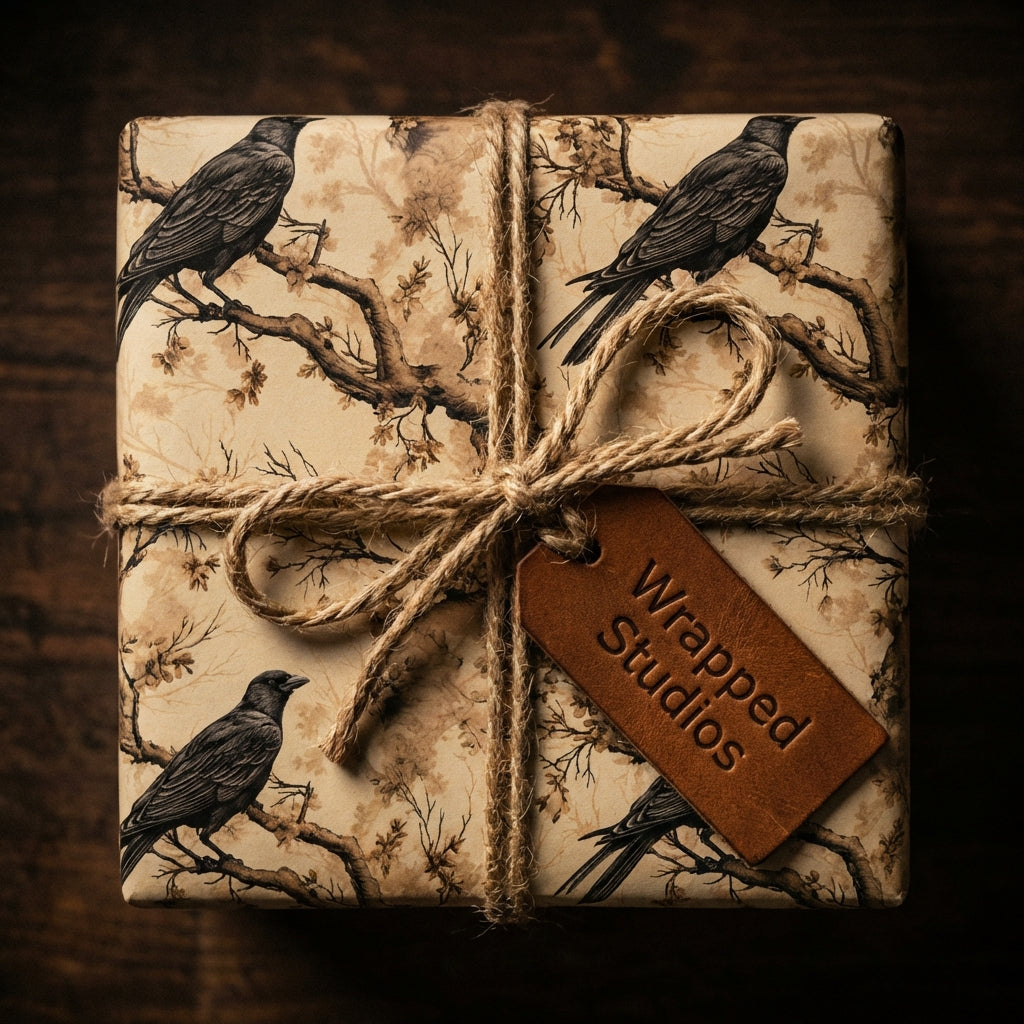 Wrapped Studios gift with vintage bird print wrapping paper and twine bow.