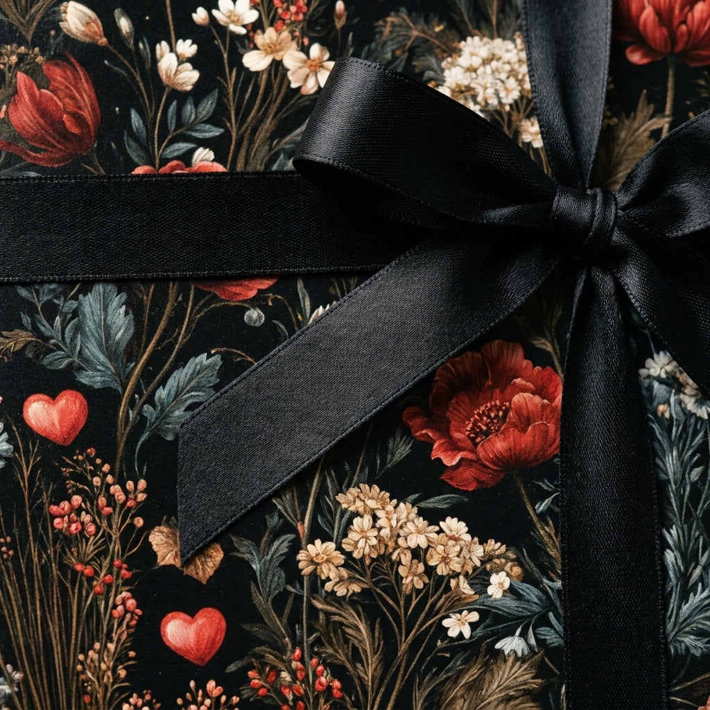 Luxury dark floral wrapping paper with red hearts and a black satin bow by Wrapped Studios.