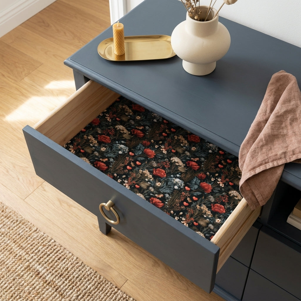 Moody vintage floral wrapping paper used as an elegant drawer liner by Wrapped Studios.